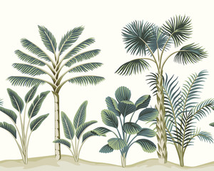 Tropical vintage Hawaiian palm trees, banana tree, plant floral seamless pattern white background. Exotic jungle wallpaper.