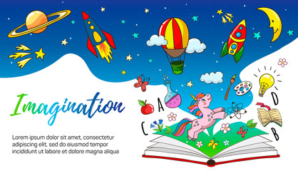  Imagination, creativity, new idea concept - open book with rocket, unicorn, earth, air balloon, jupiter, moon, stars. Vector illustration for school, kindergarten.