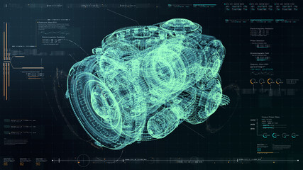 Fototapete - Futuristic user interface head up display Holographic electromagnetic mechanical system and digital data telemetry information display for digital background computer desktop display screen