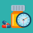 drug bottle and clock for drug scheduling icon vector illustration