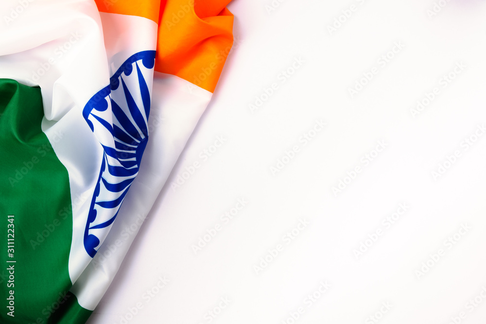 Indian republic day, flat lay top view, Indian tricolor flag - obrazy, fototapety, plakaty 