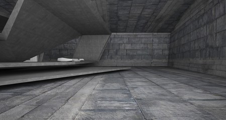 Abstract architectural concrete interior of a minimalist house with swimming pool. 3D illustration and rendering.