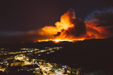 Poster - California wildfire burns near a residential area at night