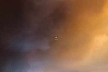 Canvas Print - Firefighter airplane flying towards California wildfire in smoke filled sky 