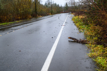 Wall Mural - Residential street with water flooding over the roadway, still raining, empty road, stormy sky