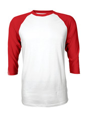 a modern front view three quarter sleeves baseball tshirt mock up in flame scarlet arms color to hel