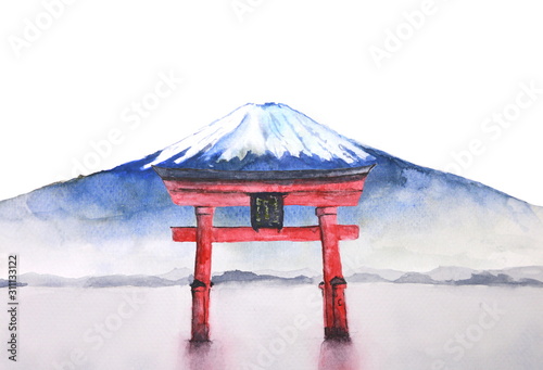 watercolor japanese fuji mountain and torii gate.