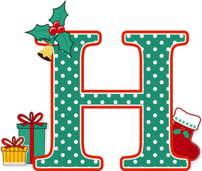 capital letter h with polka dots pattern and christmas design elements isolated on white background. can be used for holiday season card, nursery decoration or christmas celebration invitation