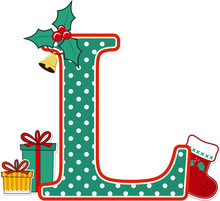 Capital Letter L With Polka Dots Pattern And Christmas Design Elements Isolated On White Background. Can Be Used For Holiday Season Card, Nursery Decoration Or Christmas Celebration Invitation