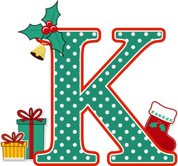 capital letter k with polka dots pattern and christmas design elements isolated on white background. can be used for holiday season card, nursery decoration or christmas celebration invitation