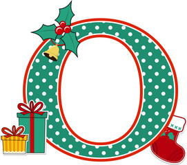 capital letter o with polka dots pattern and christmas design elements isolated on white background. can be used for holiday season card, nursery decoration or christmas celebration invitation