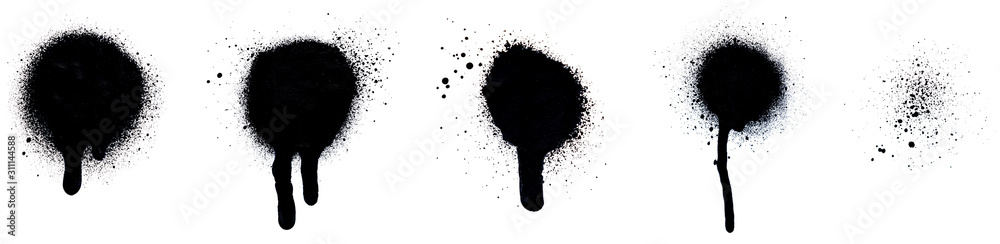 Close-up of several black spray paint spots, splashes and drips, isolated on white background. - obrazy, fototapety, plakaty 