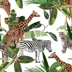 Wild animals (giraffe, cheetah, zebra) in savannah. Watercolor style Jungle Zoo seamless pattern.