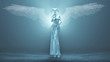 Silver Supernatural Being Fallen Angel with Horns in a White Pant Suit with Wings Formed out of Small Spheres in a Foggy Void with Glowing White Eyes 3d Illustration 3d render