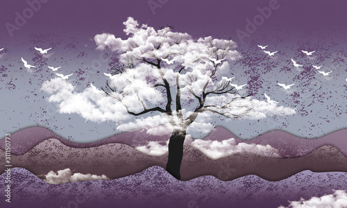 Dekoracja na wymiar  3d-tapety-scienne-gorskie-biale-ptaki-na-niebie-z-czarnym-drzewem-w-chmurach-jasny-fiolet