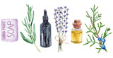 Fototapeta Lawenda - Aromatherapy and essential oils set of watercolor illustrations with handmade soap, lavender and rosemary.