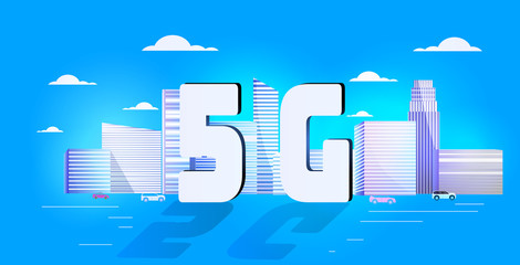 Poster - 5G online communication network wireless systems connection concept fifth innovative generation of high speed internet city skyscrapers background horizontal vector illustration