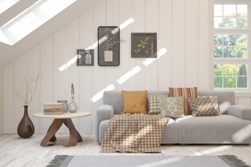 Stylish room in white color with sofa and summer landscape in window. Scandinavian interior design. 3D illustration