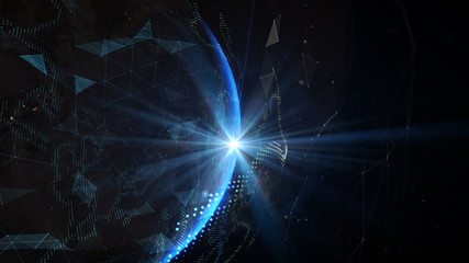 Wall Mural - The sun's rays over earth in outer space. Earth Globe technology with Light Effect. Global international connectivity background. Elements of this image furnished by NASA - 3D illustration.