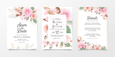 Wall Mural - Set of floral wedding invitation card template with peach and pink roses flowers. Cards with floral illustration for save the date, invitation, greeting card vector