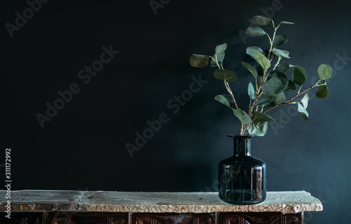 Fotomural Green tree Branch putted into black glass vase on the natural stone mantel shelf on the black color wall background lit with side window light