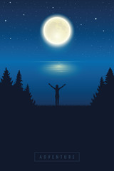 girl with raised arm enjoy the full moon by lake vector illustration eps10