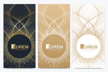 Poster - Modern golden set of vector flyer banners. Modern stylish polygonal pattern with connected line and dots. Molecule and communication background for medicine science technology chemistry. Waves flow.
