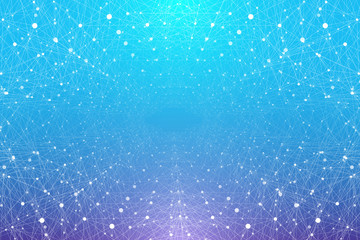 Poster - Geometric abstract background tunnel or wormhole with connected line and dots. Futuristic wormhole 3d space time portal visualization. Wireframe tunnel grid texture background. Vector illustration