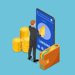 Wall Mural - Isometric businessman put gold coin into smartphone