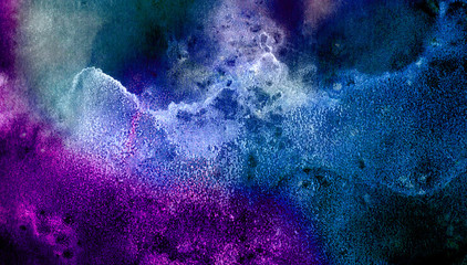 Neon watercolor on black paper background. Vivid ink textured blue, pink and purple color canvas for modern design. Aquarelle smeared abstract cosmic bright vintage dark watercolour illustration.