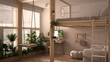 Minimalist studio apartment with loft bunk double bed, mezzanine, swing. Living room with sofa, home workplace, desk, computer. Windows with potted plants, white interior design