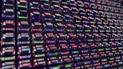 Poster - Abstract background of numbers in cells. Animation. Computer background with many colored numbers and cells moving and changing on black background. Numerical background