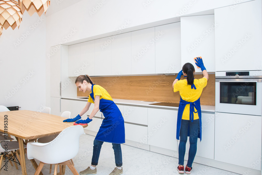 professional cleaning service. Two women in working uniform, in aprons ...