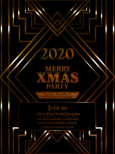 Merry Christmas Poster For Party With New Year Art Deco Line Style Gold Color On Black Background For Flyer, Greeting Card, Invitation. Vector Eps10. Elements Are Layers Separately In Vector File.