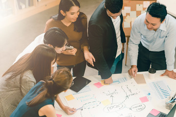 Wall Mural - topview of creative agency business brain storm meeting presentation team discussing roadmap to prod