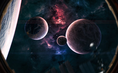 Wall Mural - Planets of deep space against background of luminous red and blue nebulae. View from porthole of spaceship. Science fiction. Elements of this image furnished by NASA