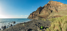 Wide Panorama Of Playa Del Ingles Beach With Volcanic Black Sand At The Atlantic Ocean In La Gomera. A Popular Vacation Spot For Tourists And Locals. Valle Gran Rey, Canary Islands, Spain