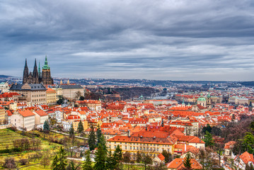 Mala Strana with cathedral and castle in prague with beautiful sky