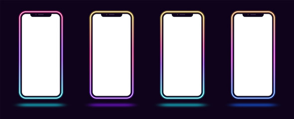 Wall Mural - Phone mockup with gradient neon border. Modern set of cellphone templates with creative colorful neon frame