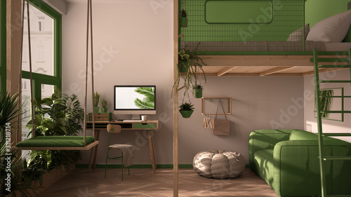 Minimalist Studio Apartment With Loft Bunk Double Bed Mezzanine Swing Living Room With Sofa Home Workplace Desk Computer Windows With Plants White And Green Interior Design Kaufen Sie Diese Illustration Und
