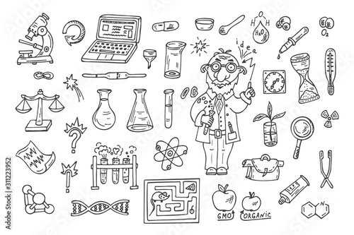 Fotomural Set of science symbols and funny scientist or professor