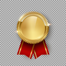 Award Medal 3d Realistic Vector Color Illustration. Reward. Golden Medal With Red Ribbon. Certified Product. Quality Badge, Emblem On Transparent Background. Winner Trophy. Isolated Design Element.