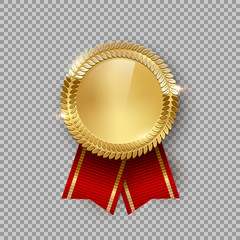 award medal 3d realistic vector color illustration. reward. golden medal with red ribbon. certified 