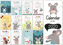 Cute Mouse Calendar 2020. Yearly Planner Calender With All Months. Templates With Hand Drawn Mice. Vector Illustration. Great For Kids, Nursery, Poster And Printable.