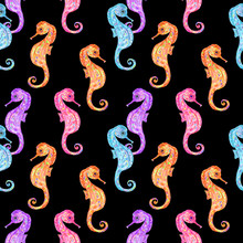 Seamless Pattern With Watercolor Sea Horses. Colorful Seahorses On A Black Background. Can Be Used For Scrapbook, Wallpaper, Fabric Print, Web Pages And Fills.