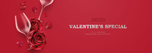 Red Elegant Premium Valentine's Day Banner With Realistic Rose Flower And Wine Glass Background Vector Illustration