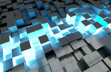 Aufkleber - Glowing black and blue squares background pattern 3D rendering
