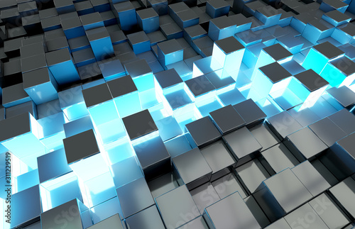 Glowing black and blue squares background pattern 3D rendering