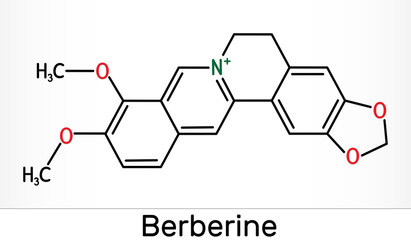 Poster - Berberine C20H18NO4, herbal alkaloid molecule. Skeletal chemical formula