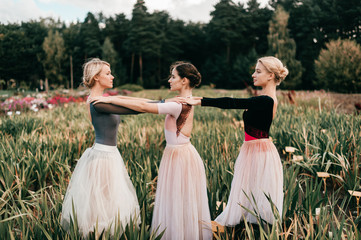 Three women ballerinas posing in field in white tutu.